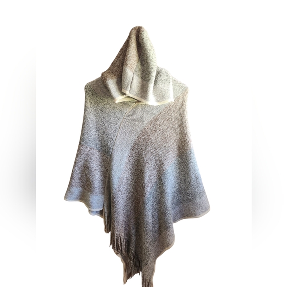 Gray and Cream Asymmetrical Poncho Sweater with Fringe - Picture 3 of 5